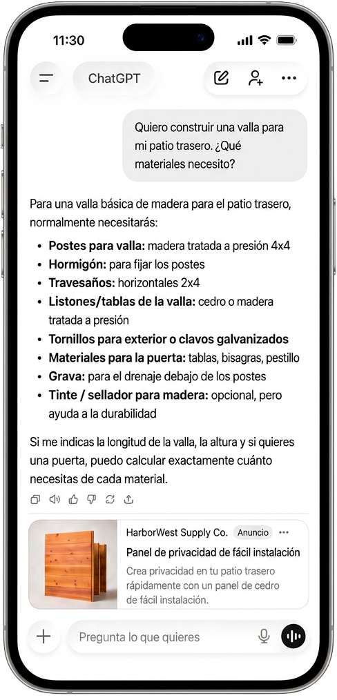 Anuncio de ChatGPT Ads dentro de una conversación en el móvil